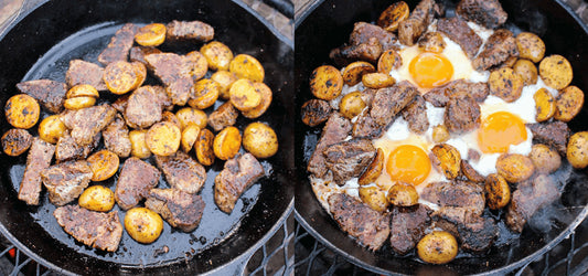 Steak & Egg Bites cooking in a skillet, featuring seasoned steak, golden potatoes, and sunny-side-up eggs. Perfect for a hearty and delicious meal.