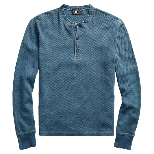 RRL by Ralph Lauren Waffle Knitted Cotton Henley Washed Blue Indigo - The Sporting Lodge
