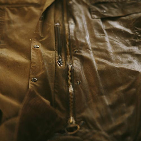 Close up of a Barbour Wax Jacket after being rewaxed.