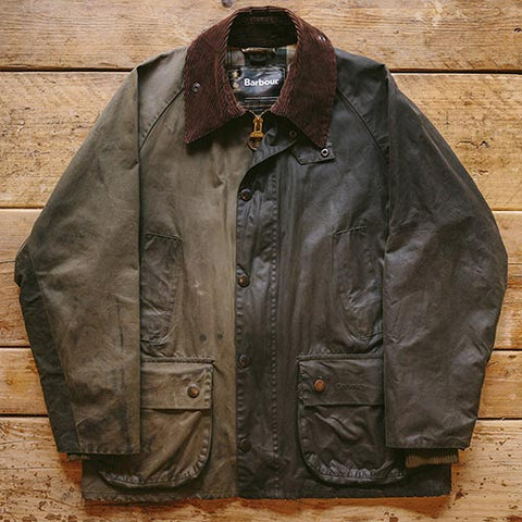 A Barbour Wax jacket, half of which has been rewaxed.